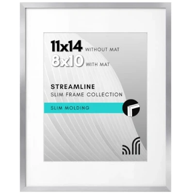 Immagine di Americanflat Cornice 11x14 argento. 8x10 con passepartout o senza. Bordo sottile, vetro infrangibile. Espositore verticale/orizzontale.