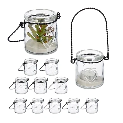 Immagine di Relaxdays Vasetti Portacandele, Set 12, Vasi in Vetro per Lumini, Bicchieri con Manico, HxD: 7 x 6 cm, Trasparente Nero, 80% 20% Ferro
