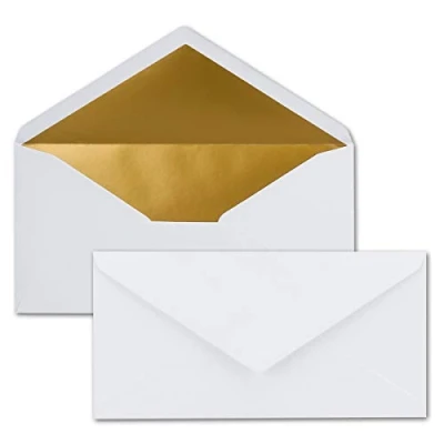 Immagine di 50x Buste formato lunghe Colore: Bianco con rivestimento interno metallizzato oro 110 x 220 mm Colla a umido festive per Natale