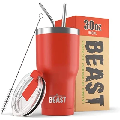 Immagine di BEAST Tazza Termica da Viaggio 900 ml I Rosso Coccinella Doppia Parete Inox Termos Caffè Isolato con 2 Cannucce Riutilizzabili &amp; Spazzolino per Pulizia Ideale Freddo o Caldo