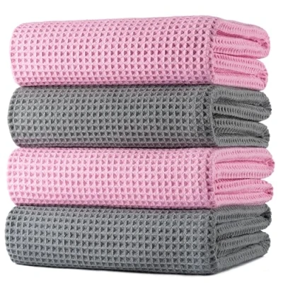 Immagine di POLYTE Asciugamano da bagno in microfibra oversize, ad asciugatura rapida, senza pelucchi, 152 x 76 cm, confezione 4 (grigio, rosa, trama a nido d&#039;ape)