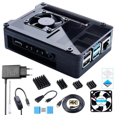 Immagine di Bruphny Case per Raspberry Pi 4 con Ventola, 5.1V 3A USB C Alimentatore, Dissipatore, 1.8M Micro HDMI Cavo, Lettore di Schede, to Adattatore Modello B