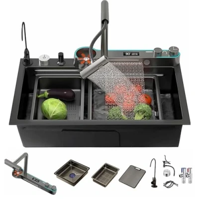Immagine di TULAZOU Lavello da cucina,T304 cucina in acciaio inox,Lavello multifunzione,Lavello a cascata con rubinetto digitale multifunzionale e vari accessori (85X45CM)