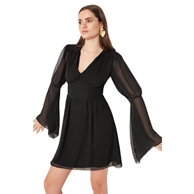 Immagine di Trendyol Mini Shift Regular Fit Abito da Donna in Tessuto, vestibilità Regolare, Nero, 40