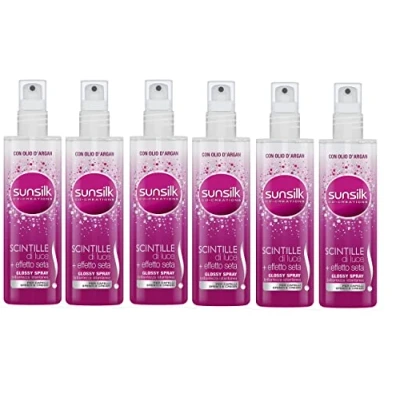 Immagine di Sunsilk, Acquaspray Scintille di Luce, Glossy Spray Brillantezza Istantanea, Districante Capelli con Olio d&#039;Argan, Contrasta l&#039;Effetto Crespo, Dona per Luminosi, 6 Pezzi da 200ml