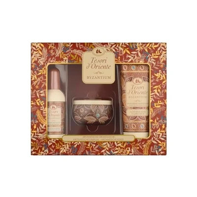 Immagine di TESORI D&#039;ORIENTE Set regalo Byzantium (doccia crema 250 ml, Eau de Toilette 100 ml e candela profumata) con rosa nera labdano, rituali benessere per corpo sensi