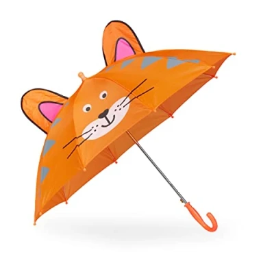 Immagine di Relaxdays Ombrello per Bambini, con Tigre in 3D, Ombrellino Parapioggia Bastone, Bimba e Bimbo, Ø 78 cm, Arancione, 70% Poliestere 20% Ferro 10% plastica