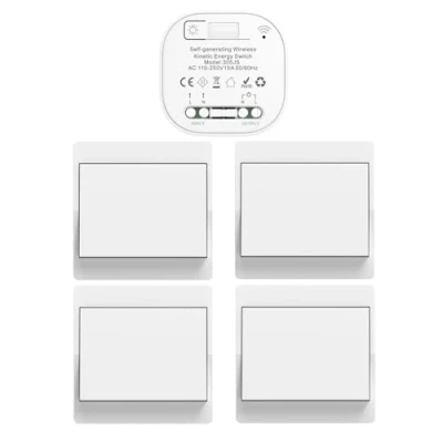 Immagine di Cerhot Set di ricevitori interruttori della luce senza fili autoalimentati, telecomando per interruttore da parete, illuminazione a LED interni ed esterni, batteria (EU 4 x 1