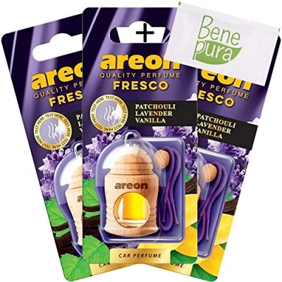Immagine di Areon auto deodorante profumo fresco 4 ml patchouli, lavanda, diffusore di vaniglia bottiglia da appendere con copertura in legno naturale, a lunga durata, set 3