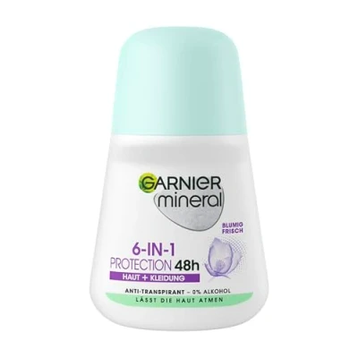 Immagine di Garnier deodorante roll On per donne, dal profumo fresco e fino a 48 ore di protezione contro l&#039;umidità delle ascelle l&#039;odore del corpo, minerale 6 in 1, anti traspirazione, 1