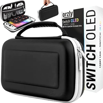 Immagine di Orzly Custodia Originale per Nintendo Switch OLED Console Nera con Borsa Accessori e Giochi in Storage Interno Kit Protettivo da Viaggio Incluso Case Facile Pulire Edizione Gift Box