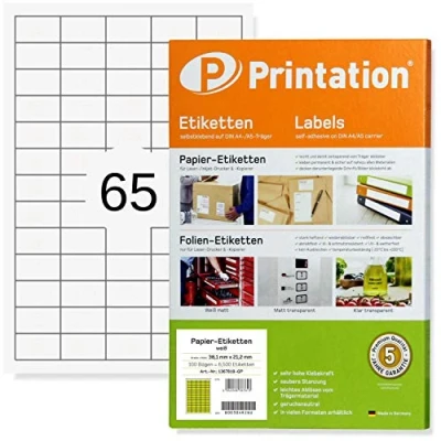 Immagine di Printation Etichette 38,1 x 21,2 mm 6500 universali 38,1x21,2 bianco, autoadesive, stampabili 100 Fogli A4 da 5x13 Adesive per Stampante 65 Foglio 3666 L7651