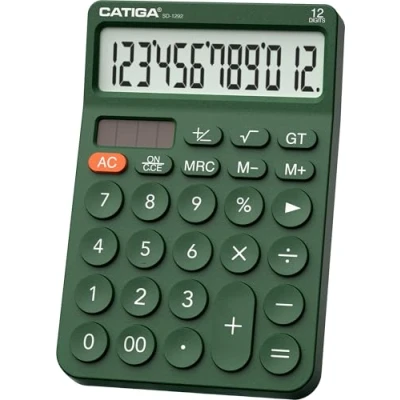 Immagine di CATIGA Calcolatrice da tavolo a 12 cifre con ampio display LCD, design rotondo, grande pulsante, doppia alimentazione solare e batteria, funzione standard per ufficio, casa, scuola, SD 1292