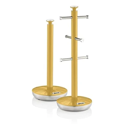 Immagine di SWAN SWKA1054YELN Asta porta asciugamani e tazze retrò, base ponderata, set da cucina con accenti cromati, giallo