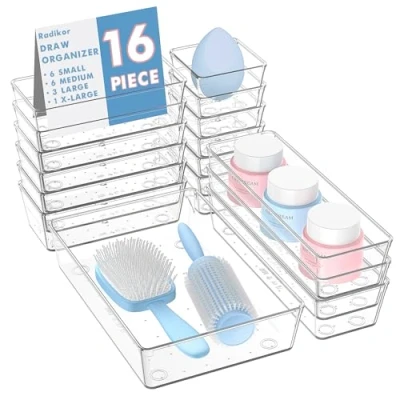 Immagine di Radikor Organizer Cassetti 16 Pezzi, Contenitori per in Plastica Trasparente di 4 Dimensioni, Divisori Impilabili Bagno, Cucina, Trucchi