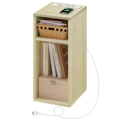 Immagine di WOLTU Comodino con Prese e Porte USB, per Camera da Letto Stretto, Salvaspazio 2 Scomparti Aperti, Soggiorno, Cameretta, in Legno, 25x30x60cm, NTS06hei