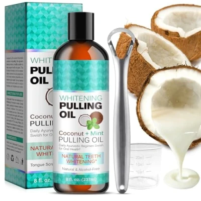 Immagine di collutorio Olio di cocco naturale da 8 Fl.Oz, all&#039;olio menta con raschietto per la lingua senza alcol l&#039;alito fresco, sbiancamento dei denti e gengive più sani