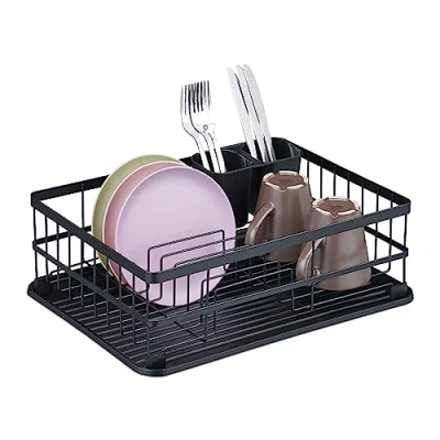 Immagine di Relaxdays Scolapiatti per Lavello, Cola Piatti con Vaschetta Raccogligocce, Tazze, Porta Posate, HLP 15x42,5x32 cm, Nero, 70% Ferro 30% plastica