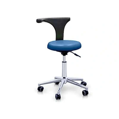 Immagine di QUIRUMED Sgabello con Schienale Ergonomico Professionale, Colore Blu Navy, Struttura in Acciaio Inox, Similpelle, Base Ruote, Sedile Regolabile Altezza, fino a 120 kg