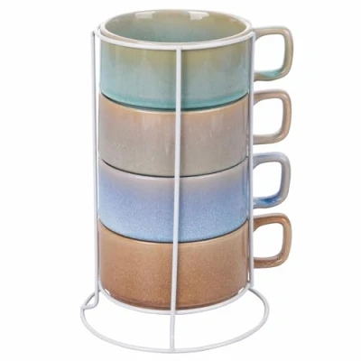 Immagine di Villa d&#039;Este Home Tivoli Set 4 Mug 360 ml in gres con manico, stand ferro, Toni