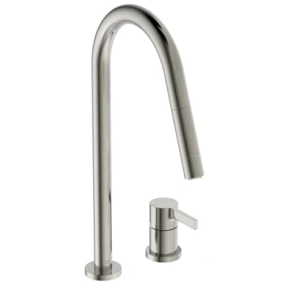 Immagine di Ideal Standard Gusto, Miscelatore monocomando per lavello da cucina a due fori, Bocca alta tubolare con doccetta orientabile ed estraibile funzioni, Silver Storm