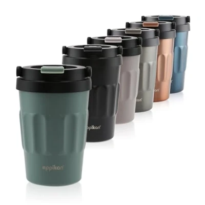 Immagine di eppikan eppiCafé Tazza termica in acciaio inox con manico pieghevole, a prova di perdite, per caffè e tè, 400 ml (verde opaco)