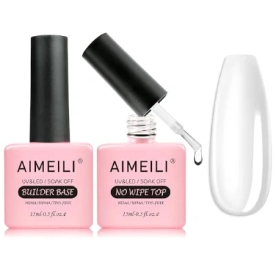 Immagine di AIMEILI 7 in 1 Clear Builder Base Gel Unghie e No Wipe Top Coat Set, Smalto Semipermente UV LED Soak Off Facile da Usare &amp; Comodo, 2x15ml