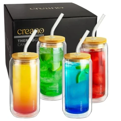 Immagine di Creano Bicchiere a doppia parete con coperchio in bambù e cannuccia 360 ml set da 4 pezzi per smoothie Bubble Tea cocktail