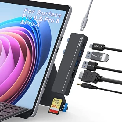 Immagine di Surface Pro 11/10/9/8 Hub Accessories con HDMI 4K, USB C Thunderbolt 4 da 100 W(display+40Gbps+PD), C, Audio, 2* A 3.0, Scheda TF/SD, Docking station per Microsoft 11/10/9/8/X