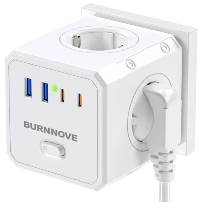Immagine di BURNNOVE Multipresa Elettrica Cubo 4000W, 8 in 1 Presa USB da Parete con 2 Porta C, Tipo A , 4 Schuko Prese AC, Interruttore per Casa, Ufficio, Viaggi, Bianco