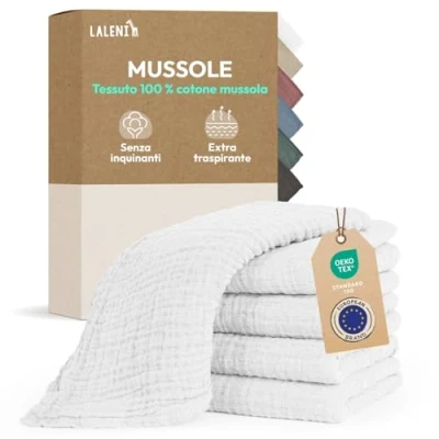 Immagine di Laleni Mussole Neonato Cotone 70x70cm In Set Di 5 Quadrotti Per Pelli Sensibili Asciugamani Extra Morbidi E Assorbenti Lavette Neonati Quadrati Bianco