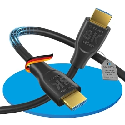 Immagine di Sonero PHC110 020 Cavo HDMI ad altissima velocità da 8K con connettore di progettazione Ethernet, connettori placcati oro (8K UltraHD, 4K 3D 50Hz / 60Hz, 48Gbps Full Bandwidth, Dynamic HDR), 2.0m