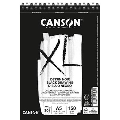Immagine di Canson XL Dessin noir, album con carta nero profondo,lato liscio per pennarelli e marcatori,lato ruvido matite pastello,A5,20fogli,160g/m