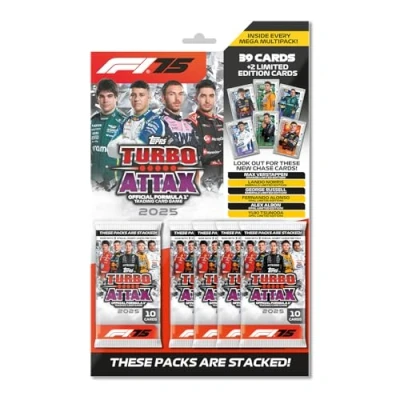 Immagine di Topps Turbo Attax Formula 1 2025 Mega Multipack contiene 39 carte più 2 casuali in edizione limitata.
