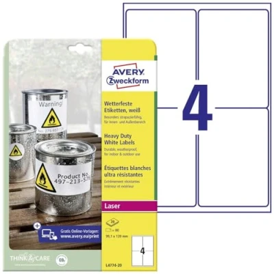 Immagine di Avery Zweckform L4774 20 Etichetta a Pellicola 99.1 x 139 mm in poliestere Bianco 80 pz. tenuta permanente Stampante laser colori,