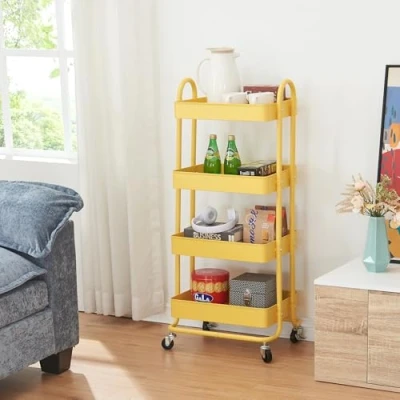 Immagine di [en.casa] Carrello da Stoccaggio in Acciaio con 4 Contenitori Sovrapposti e Ruote Organizzatore Multiuso per Casa Ufficio Garage Giallo