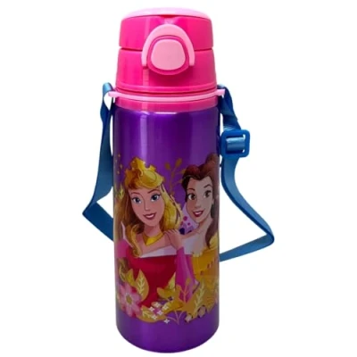 Immagine di Borraccia in alluminio con cannuccia Principesse Disney 730 ml bottiglia apertura automatica pop up per bambini tracolla dotazione