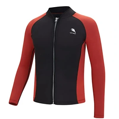 Immagine di Giacca da uomo donna in neoprene 2 mm con cerniera frontale a maniche lunghe per surf, nuoto, immersioni subacquee (4XL, nero/rosso)