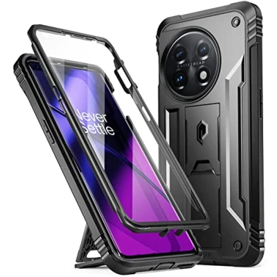 Immagine di Poetic Revolution custodia compatibile con OnePlus 11 5G 6,7 pollici (versione 2023), protettiva robusta, antiurto, resistente, cavalletto e pellicola integrata, nera