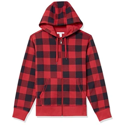 Immagine di Amazon Essentials Felpa con Cappuccio e Cerniera Integrale in Pile (Disponibile nelle Taglie Big &amp; Tall) Uomo, Nero Rosso Buffalo Plaid, XL