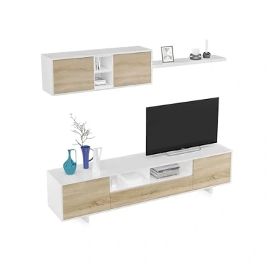 Immagine di Habitdesign Mobile Soggiorno Moderno, Moduli Sala da Pranzo, Modello Belus, Finitura in Bianco Lucido e Rovere Canadese, Dimensioni: 200 cm (profondità) x 41 (Altezza) 46