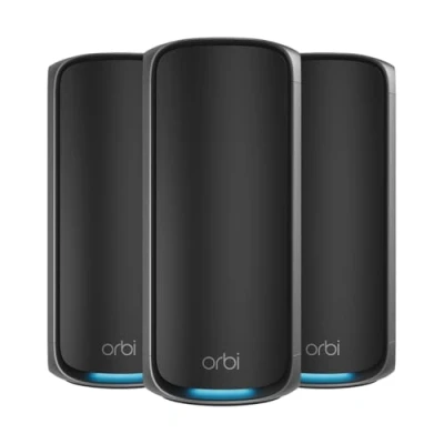 Immagine di NETGEAR Orbi 970 Series Quad Band WiFi 7 Mesh WLAN Set (RBE973SB), BE27000 Router con 2 ripetitori satellitari, copertura fino a 660 m², 200 dispositivi, connessione Internet 10 Gig