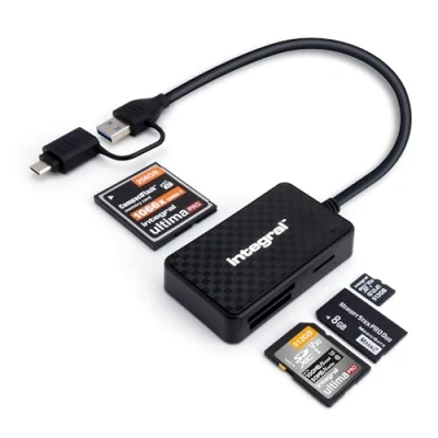 Immagine di Integral Lettore di schede memoria 4 in 1, SD, microSD, Compact Flash, Memory Stick Duo e Pro Duo, cavo USB 3.2 Gen 1 tipo A con adattatore C, per PC, laptop, smartphone, iPhone 15, MacBook