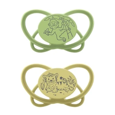 Immagine di NIP Butterfly: ciuccio delicato sulla pelle e sui denti, tettarella piatta, morbido flessibile, disco extra leggero traspirante, senza BPA, sostenibile, con scatola, 0 6 mesi, verde/giallo