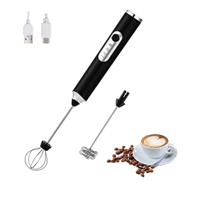 Immagine di HYTTER Montalatte elettrico portatile con 2 teste, frusta miscelatore a schiuma USB ricaricabile 3 velocità, di per latte, cappuccino, cioccolata calda, uovo (Nero)