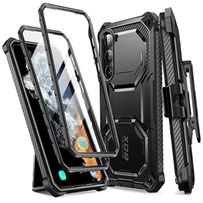 Immagine di i Blason Cover per Samsung Galaxy S23 Plus 5G (2023), 2 Proteggi Schermo Frontale (Senza Pellicola + Con Pellicola), Supporto Pieghevole, Clip da Cintura [Armorbox] Robusta Protezione Antiurta (Nera)
