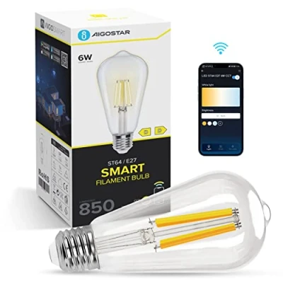 Immagine di Aigostar Lampadine Smart WiFi E27 Alexa Vintage ST64 6W Edison Lampadina Dimmerabile 2700K 6500K, Controllo Remoto tramite APP, Compatibile Con Alexa, Google Home, Trasparente 1 pezzi