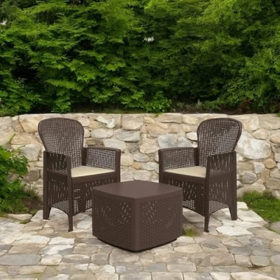 Immagine di Dmora 8052773493284 Set Salotto da Esterno Napoli, Composizione Giardino con 2 poltrone ed 1 tavolino Contenitore, Salottino Effetto Rattan, 100% Made in Italy, Marrone, Polipropilene, Medio
