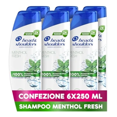 Immagine di Head &amp; Shoulders Shampoo Antiforfora Menthol Fresh 6X250ml Uso Quotidiano. Fino al 100% Protezione dalla Forfora. Clinicamente Testato. Tutti i Tipi di Cute e Capelli. Sensazione Freschezza