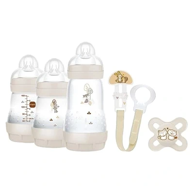 Immagine di MAM Easy Start anti Colic Welcome, set di accessori per bambini con 3 bottiglie coliche, ciuccio e nastro ciuccio, regalo bambini, dalla nascita, beige